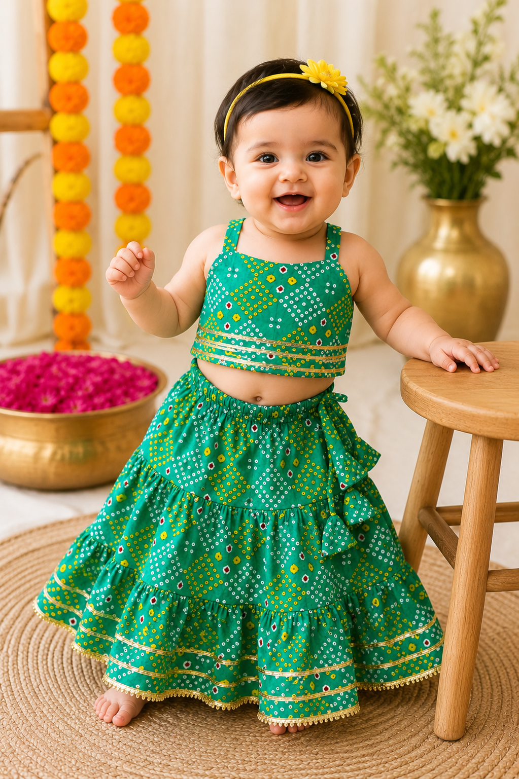 Green Bandhani Print Lehenga Choli | Cotton Festive Ethnic Wear Set for Infants & Toddlers