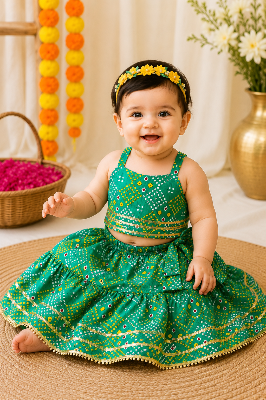 Green Bandhani Print Lehenga Choli | Cotton Festive Ethnic Wear Set for Infants & Toddlers