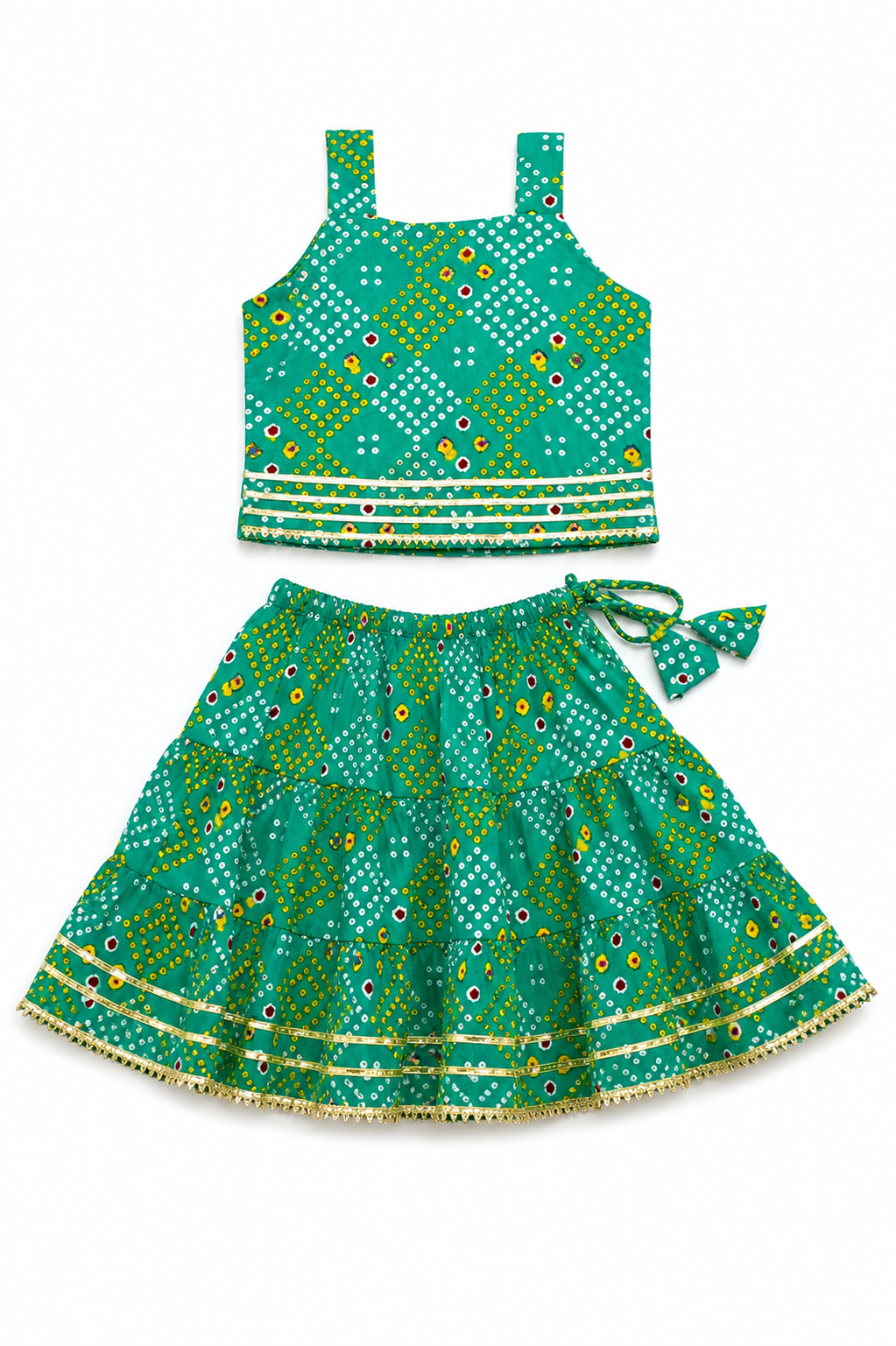 Green Bandhani Print Lehenga Choli | Cotton Festive Ethnic Wear Set for Infants & Toddlers