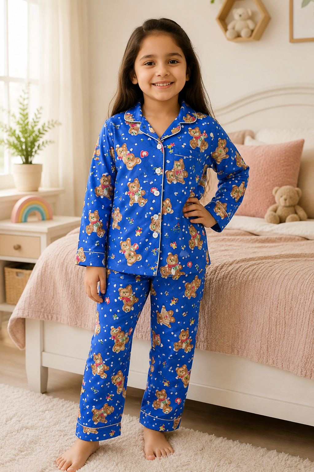 Blue Teddy Bear Pure Cotton Night Suit | Kids Full Sleeve Button-Down Pajama Set