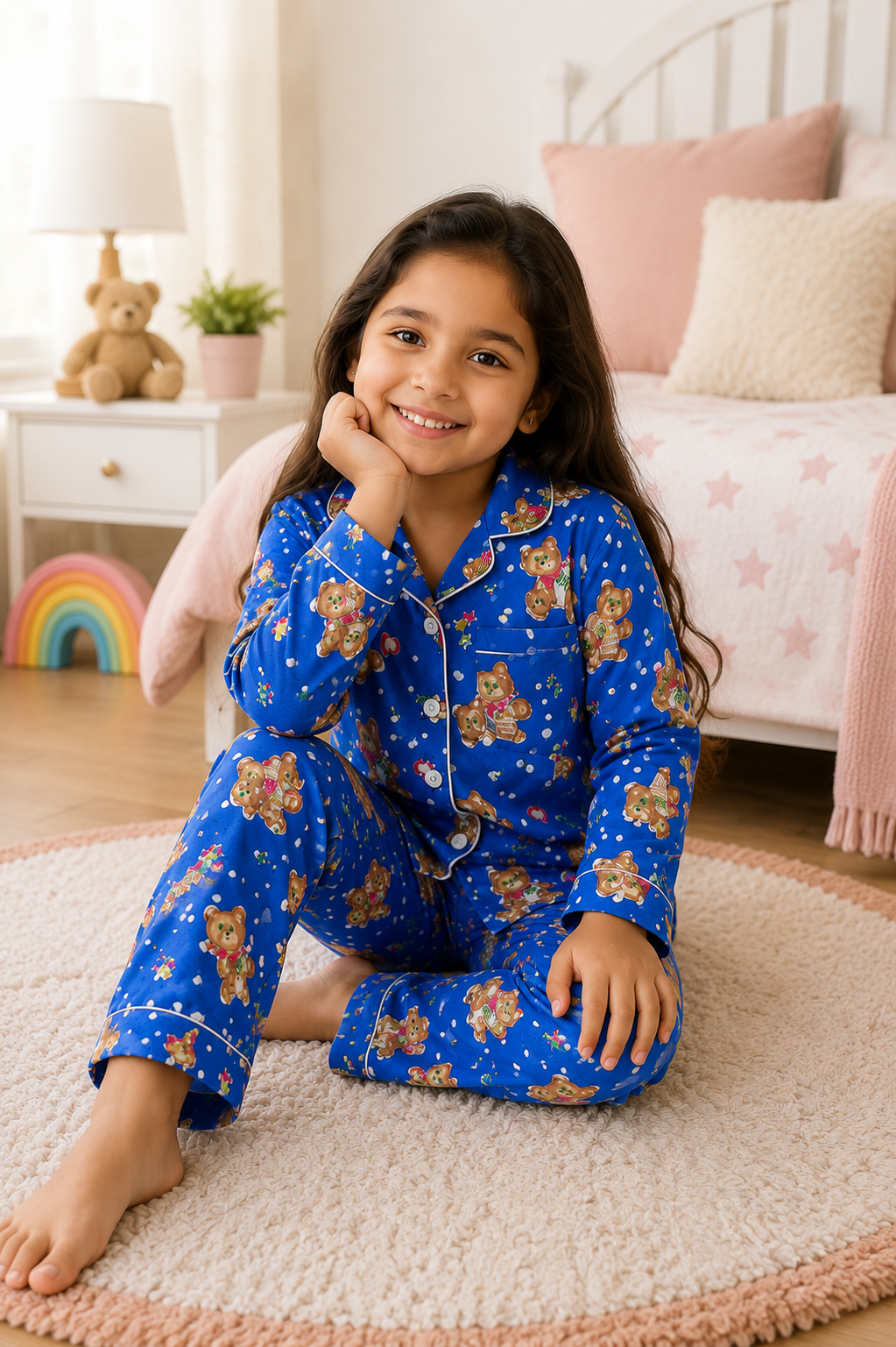 Blue Teddy Bear Pure Cotton Night Suit | Kids Full Sleeve Button-Down Pajama Set