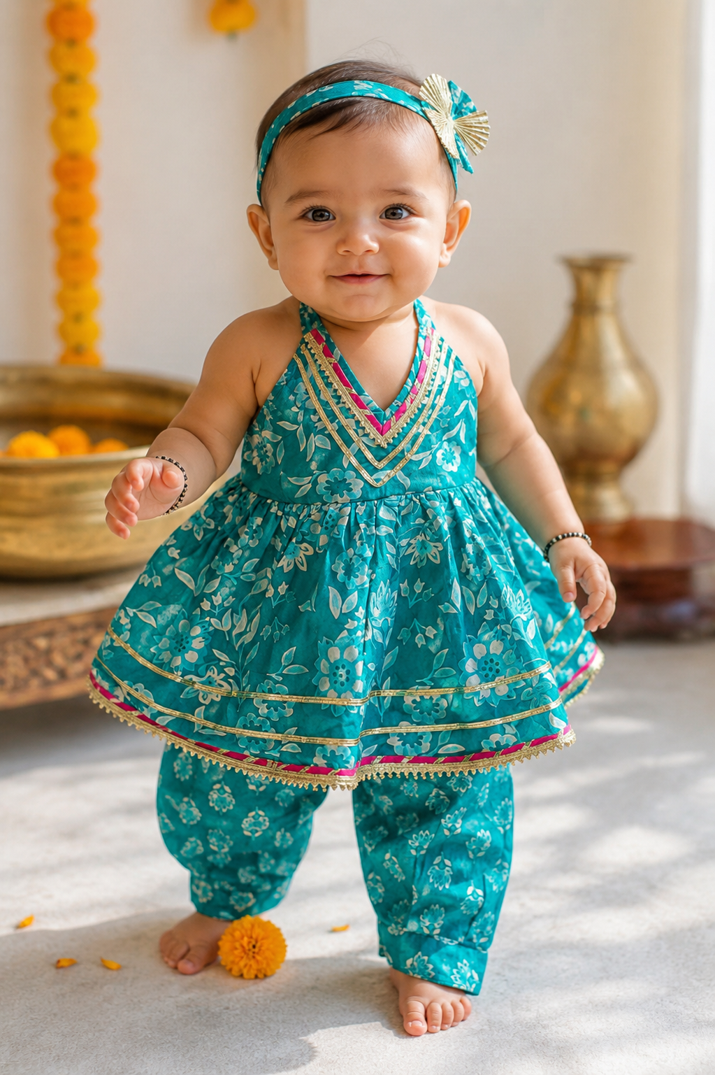 Teal Halter Neck Peplum Top with Dhoti Pants | Pure Cotton Ethnic Co-ord Set