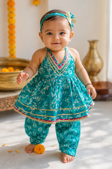 Teal Halter Neck Peplum Top with Dhoti Pants | Pure Cotton Ethnic Co-ord Set