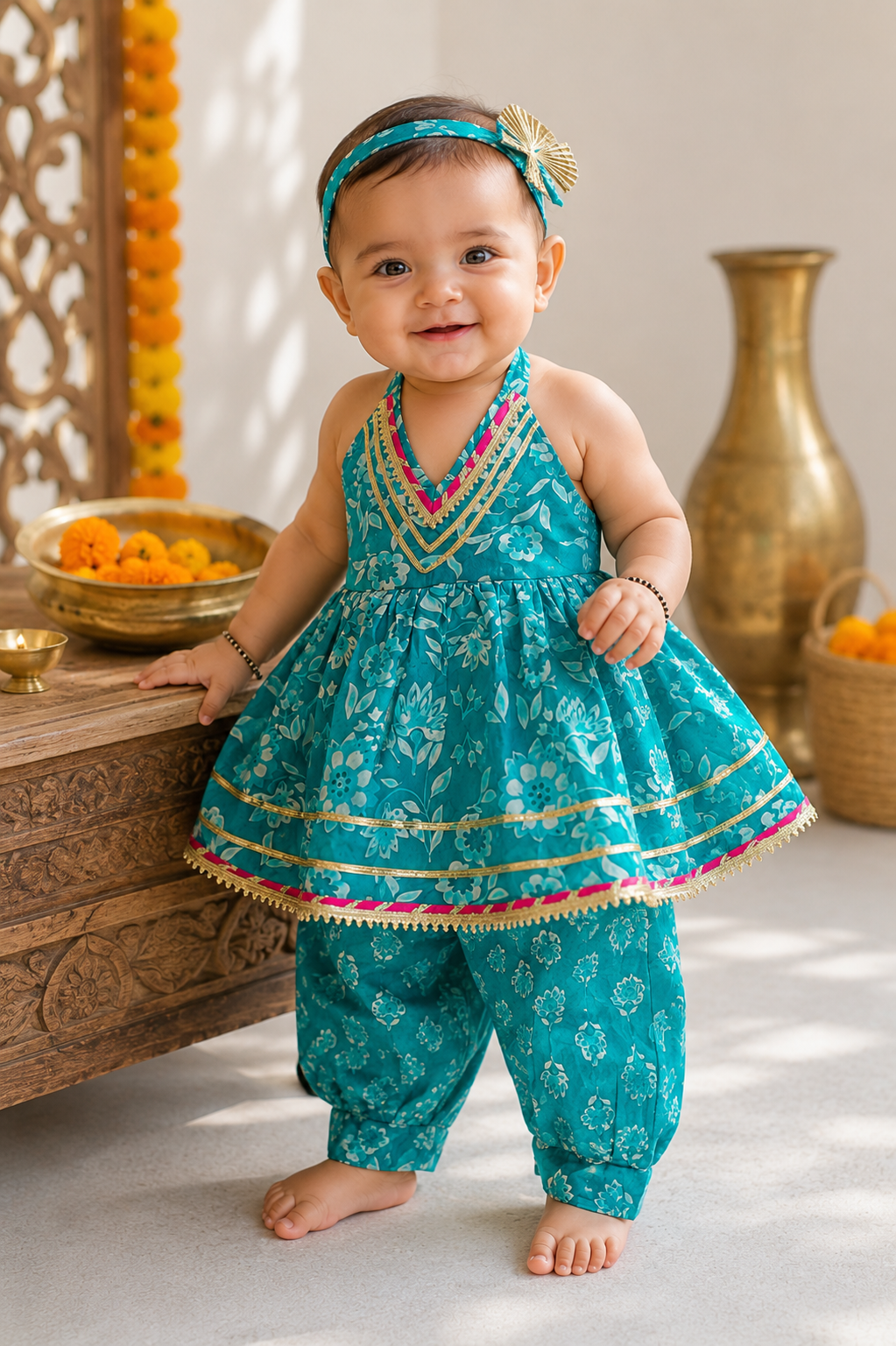 Teal Halter Neck Peplum Top with Dhoti Pants | Pure Cotton Ethnic Co-ord Set