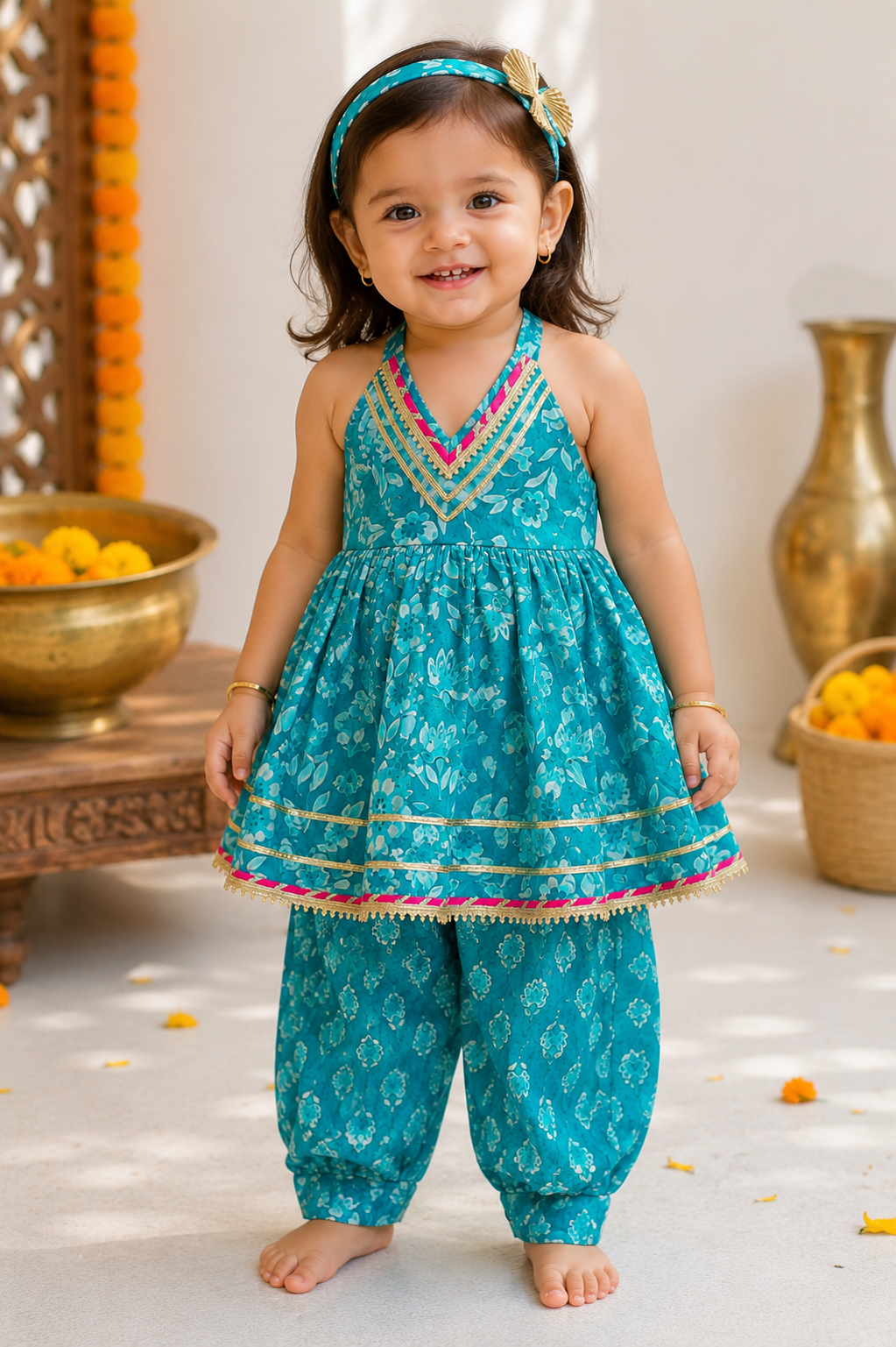 Teal Halter Neck Peplum Top with Dhoti Pants | Pure Cotton Ethnic Co-ord Set