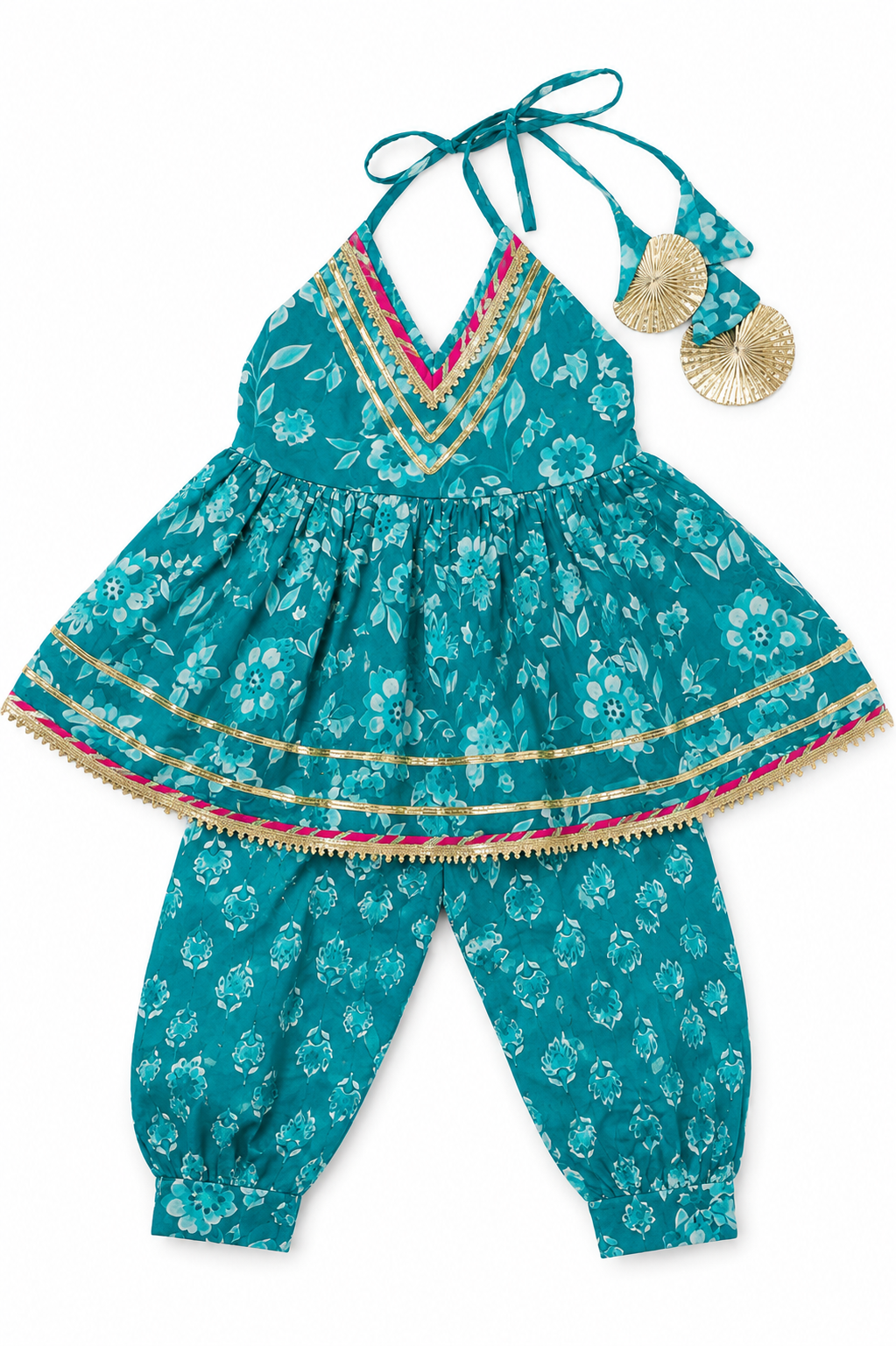 Teal Halter Neck Peplum Top with Dhoti Pants | Pure Cotton Ethnic Co-ord Set