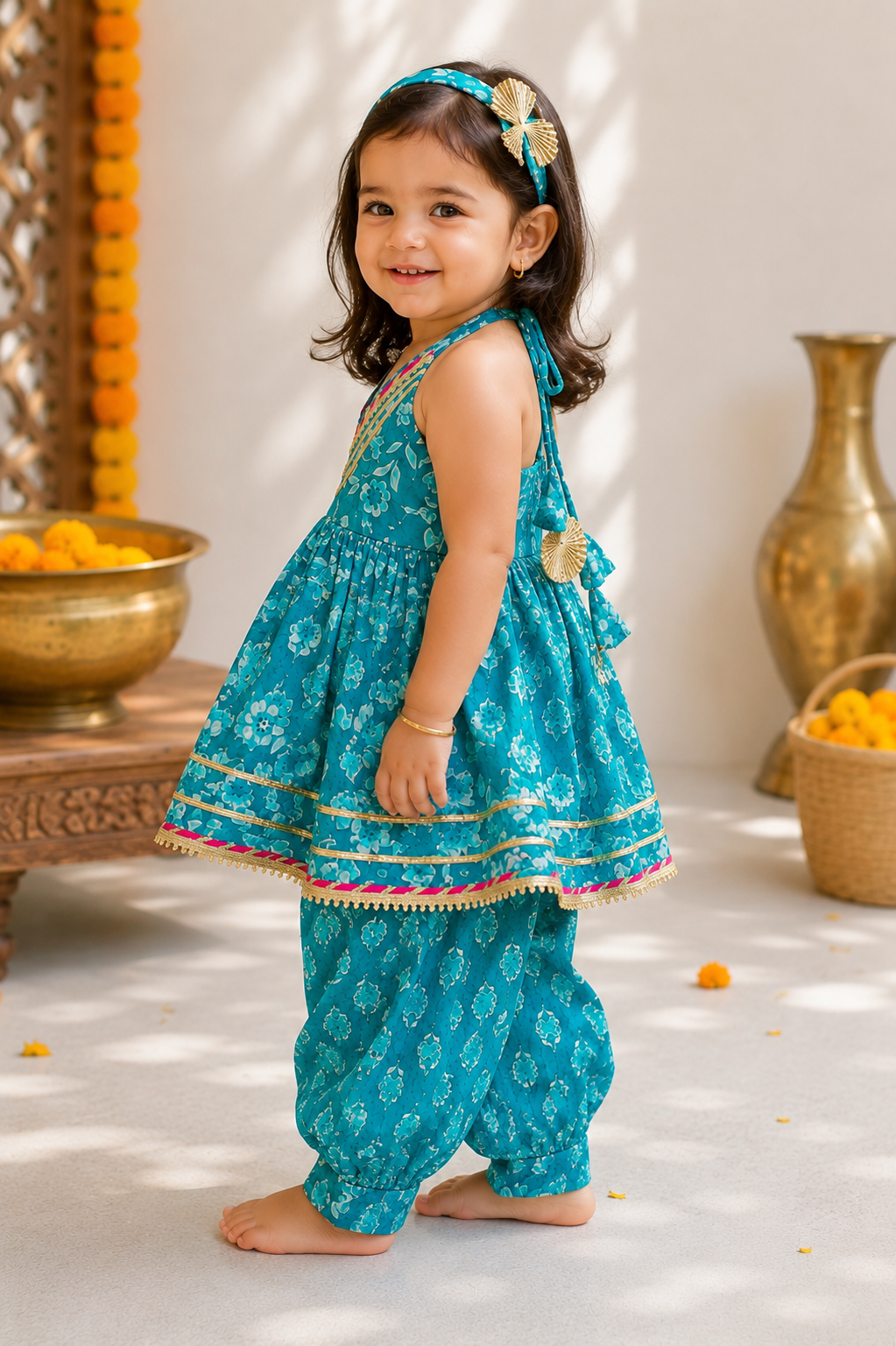 Teal Halter Neck Peplum Top with Dhoti Pants | Pure Cotton Ethnic Co-ord Set