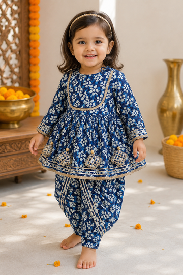 Blue Printed Peplum Kurti with Dhoti Pants | Pure Cotton Ethnic Set