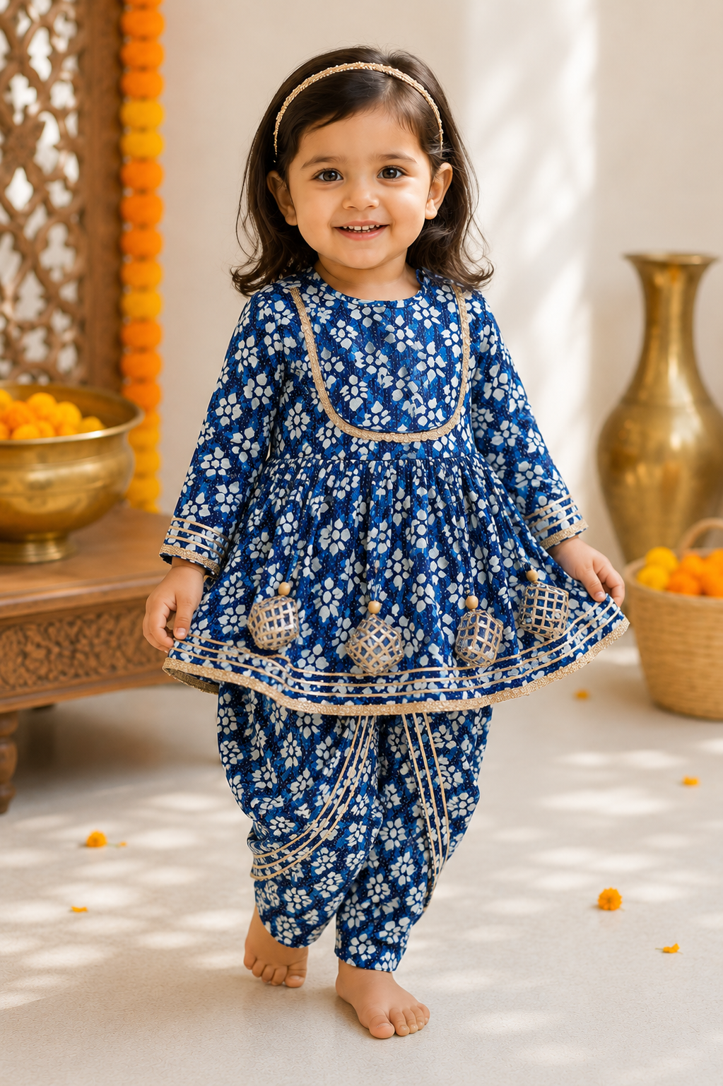 Blue Printed Peplum Kurti with Dhoti Pants | Pure Cotton Ethnic Set