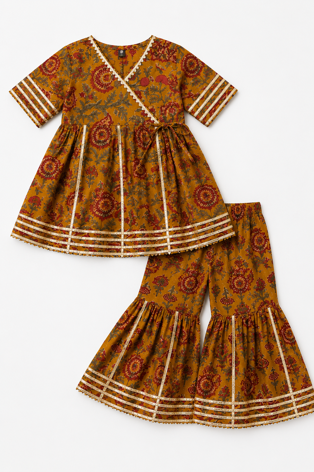 Mustard Floral Peplum Kurti with Sharara Pants | Pure Cotton Ethnic Set