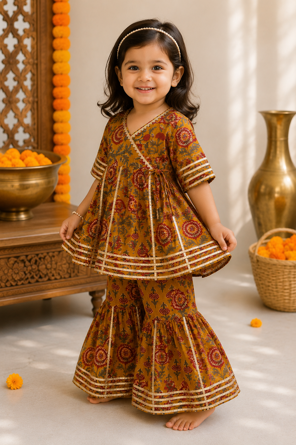 Mustard Floral Peplum Kurti with Sharara Pants | Pure Cotton Ethnic Set
