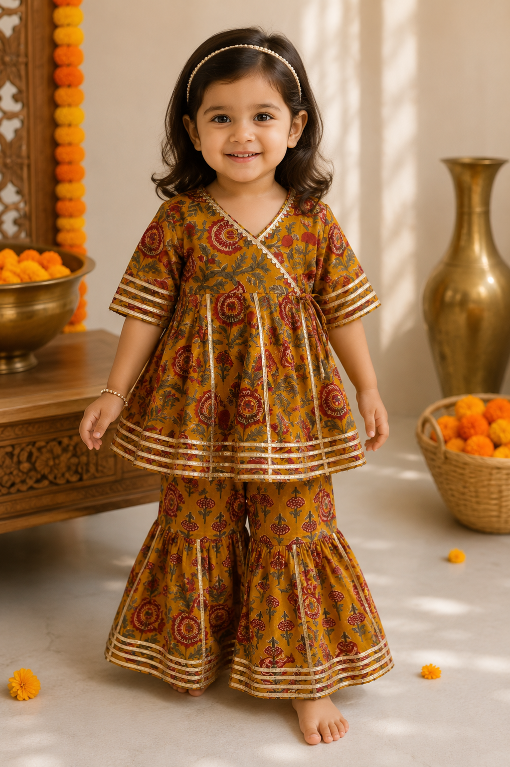 Mustard Floral Peplum Kurti with Sharara Pants | Pure Cotton Ethnic Set