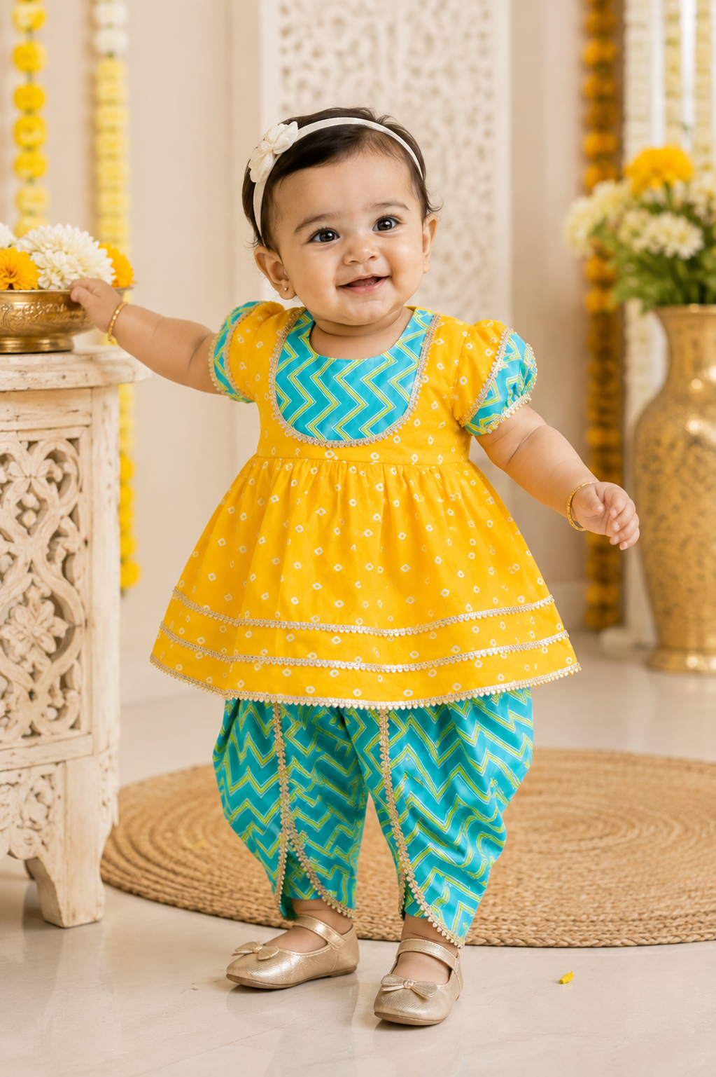 Yellow & Blue Kurti Dhoti Set