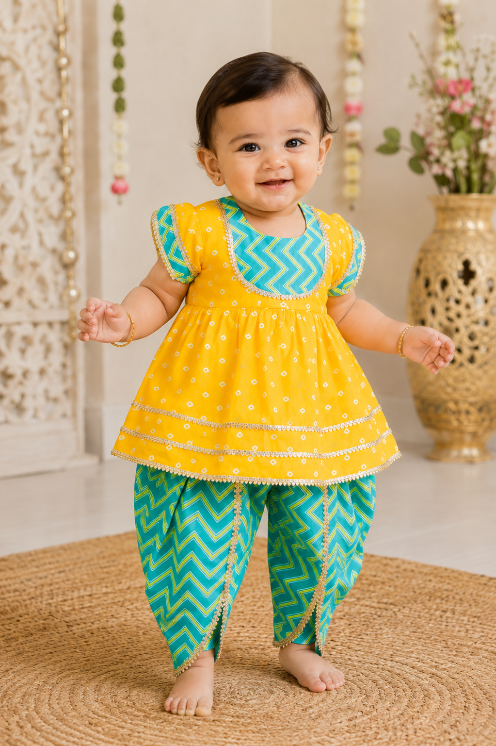Yellow & Blue Kurti Dhoti Set
