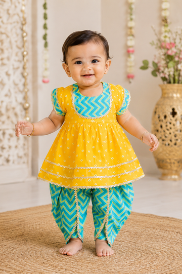 Yellow & Blue Kurti Dhoti Set