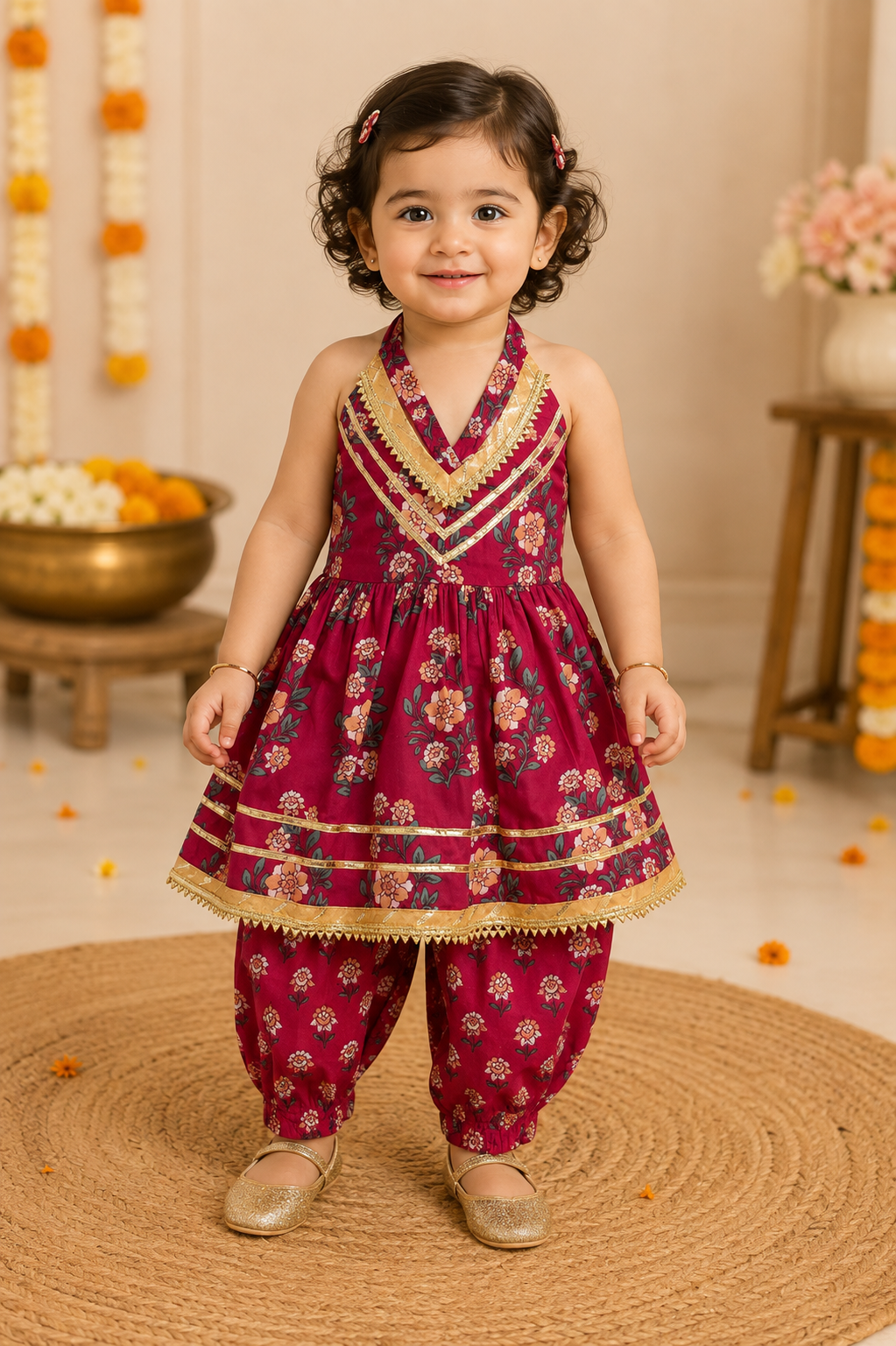 Plum Floral Halter Kurti with Afghani Pant Set