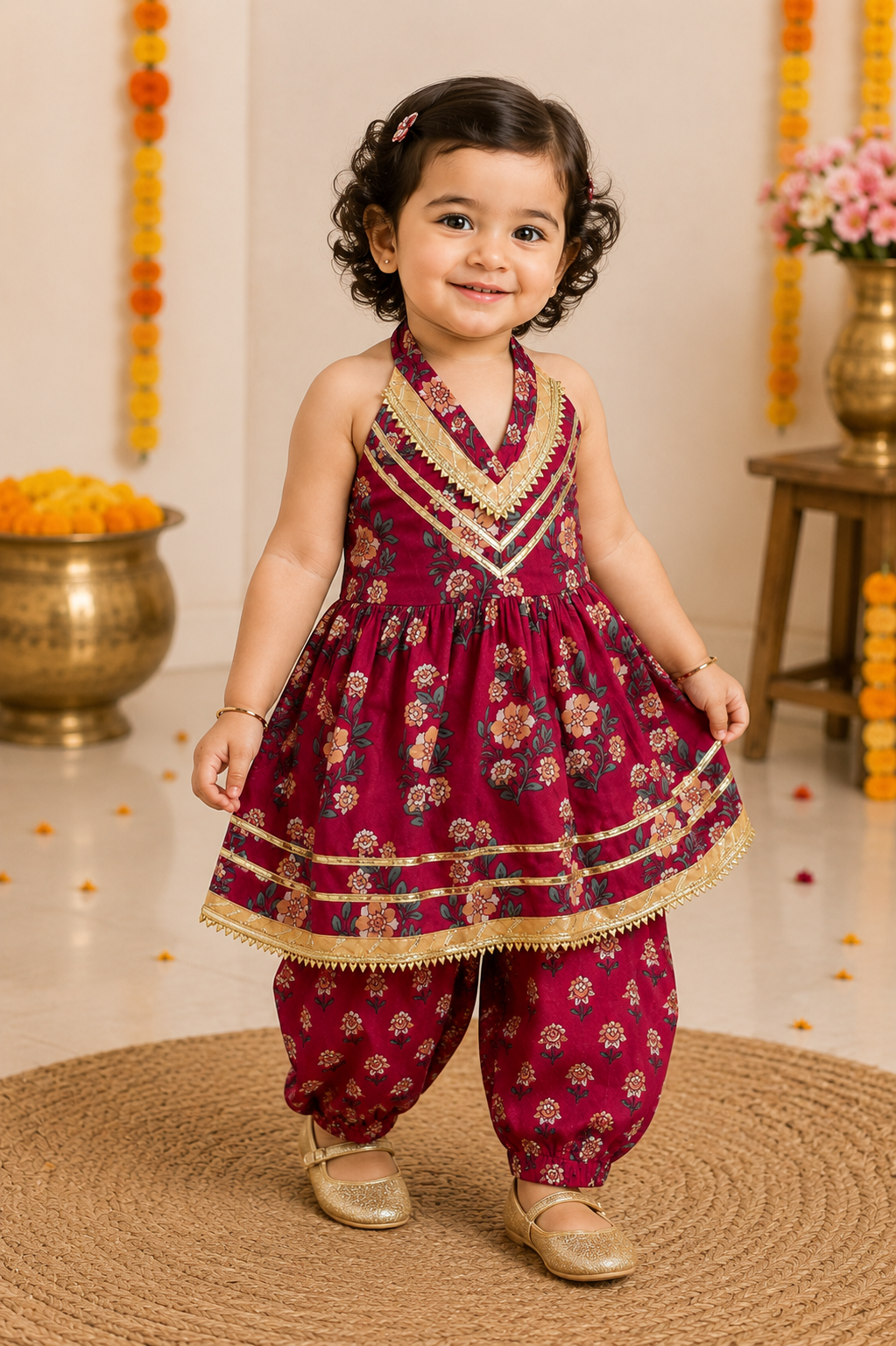 Plum Floral Halter Kurti with Afghani Pant Set