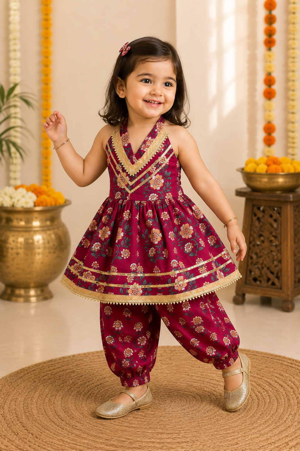 Plum Floral Halter Kurti with Afghani Pant Set