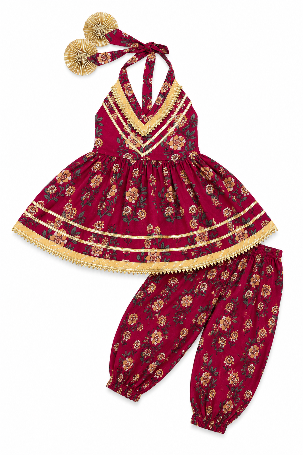 Plum Floral Halter Kurti with Afghani Pant Set