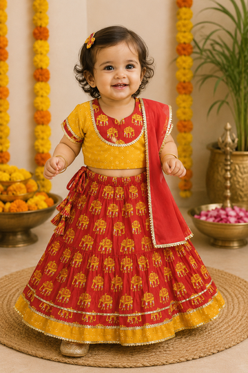 Red & Yellow Elephant Print Lehenga Choli with Dupatta