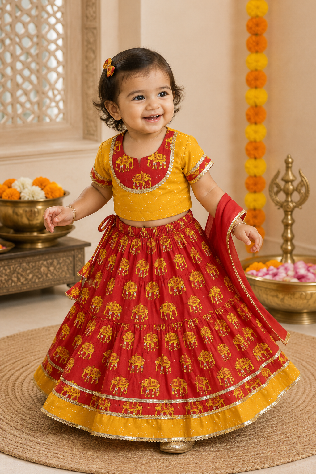 Red & Yellow Elephant Print Lehenga Choli with Dupatta
