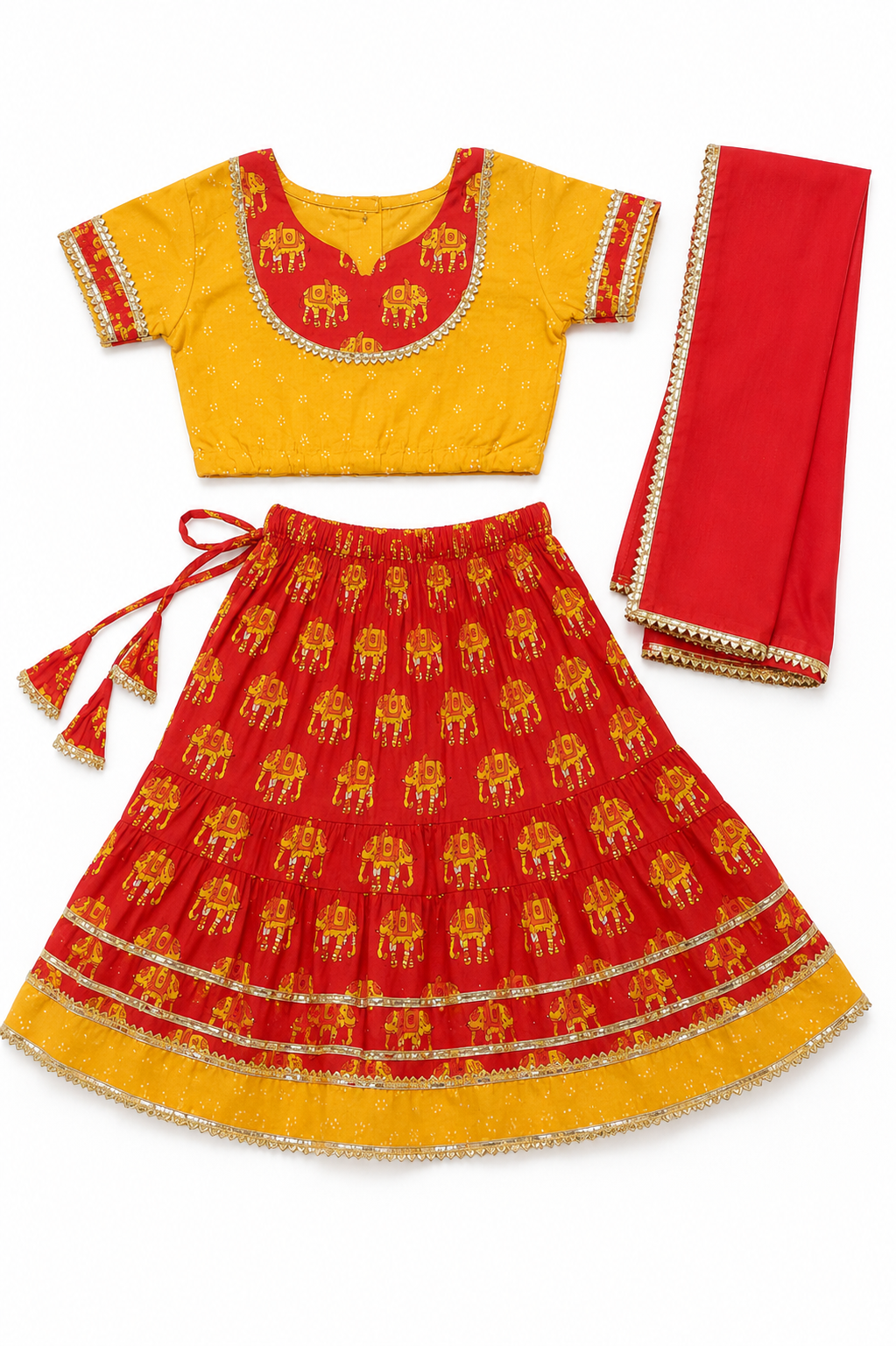 Red & Yellow Elephant Print Lehenga Choli with Dupatta