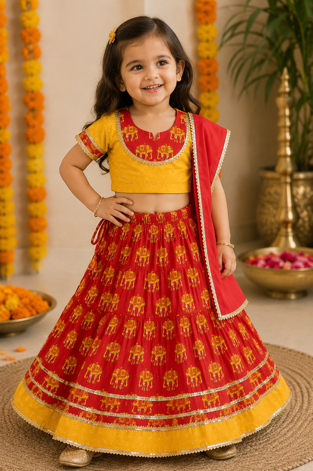 Red & Yellow Elephant Print Lehenga Choli with Dupatta