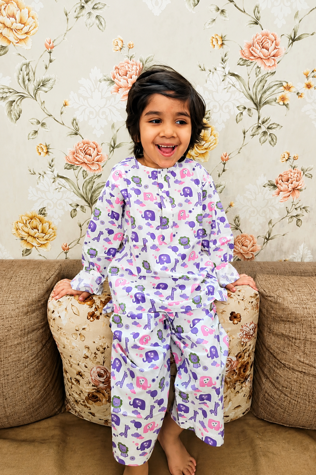 Lavender Animal Print Cotton Night Suit | Full Sleeve Top & Pyjama Set