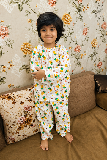 Cartoon Print Cotton Night Suit | Full Sleeve Top & Pyjama Set