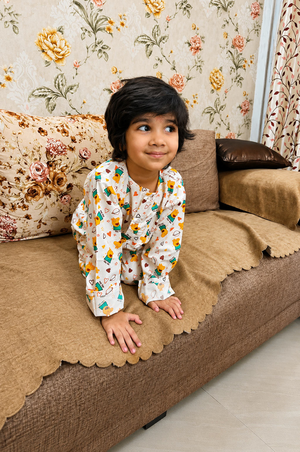 Cartoon Print Cotton Night Suit | Full Sleeve Top & Pyjama Set