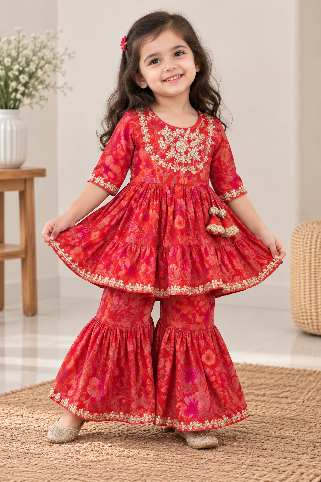 Orange Floral Thread Embroidered Kurti Sharara Set