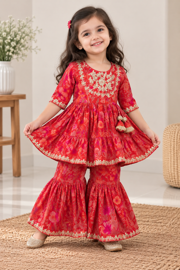 Orange Floral Thread Embroidered Kurti Sharara Set