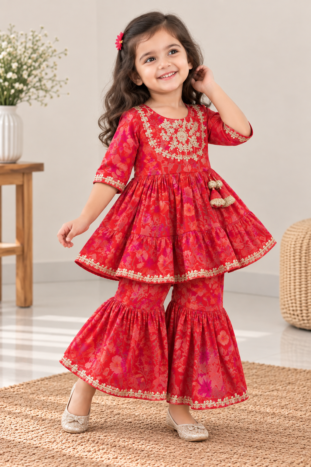 Orange Floral Thread Embroidered Kurti Sharara Set