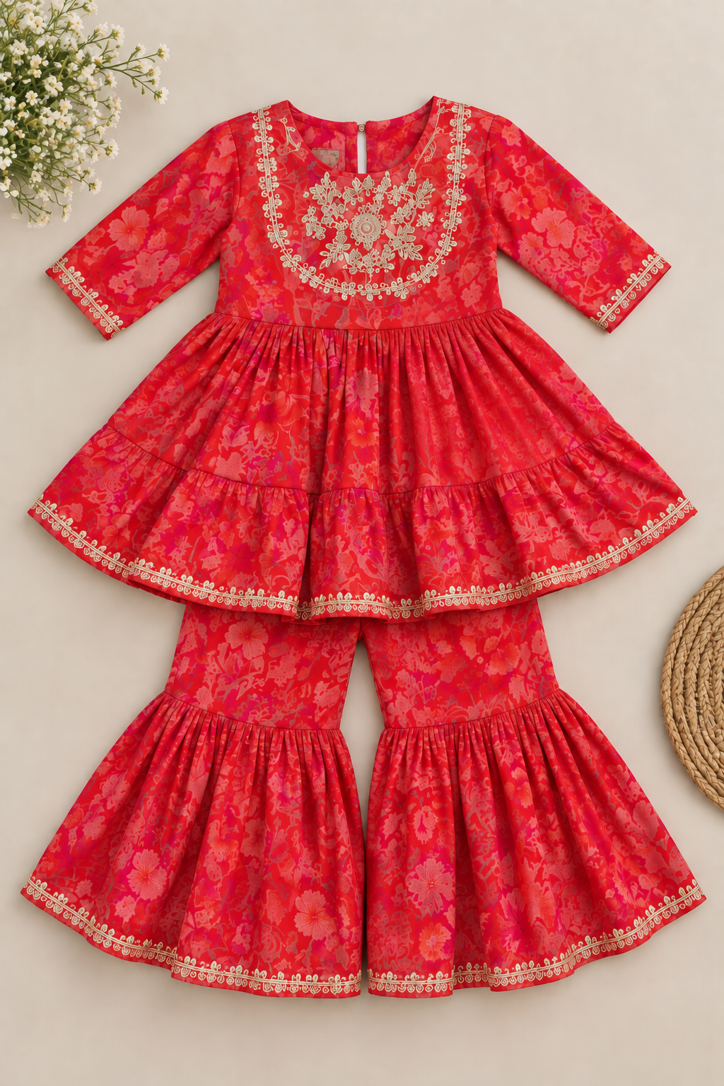 Orange Floral Thread Embroidered Kurti Sharara Set