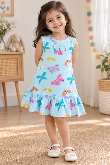 Blue Butterfly Cotton Frock with Bow