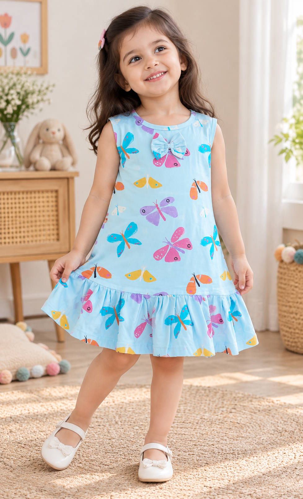 Blue Butterfly Cotton Frock with Bow