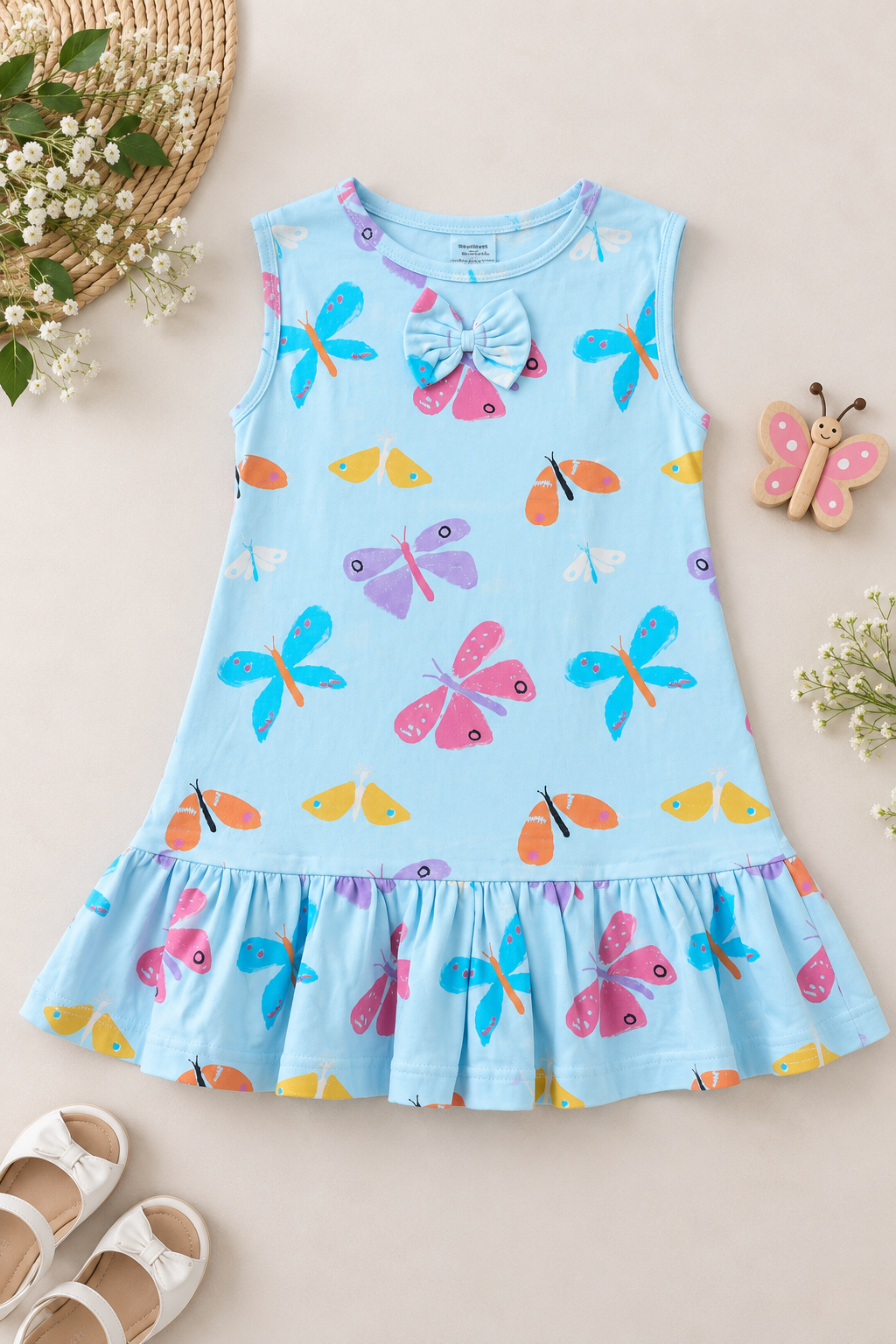 Blue Butterfly Cotton Frock with Bow