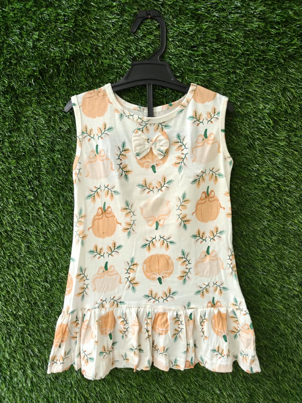 Pumpkin Printed Cotton Frock with Bow