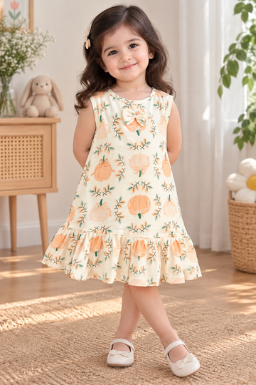 Pumpkin Printed Cotton Frock with Bow