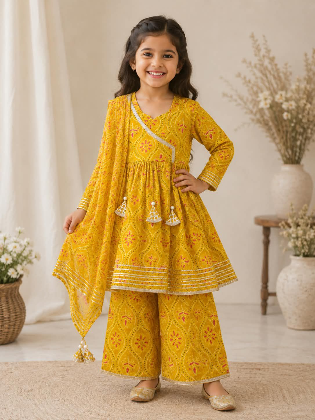 Yellow Pure Cotton Floral Bandhani Print Kurti with Plazo