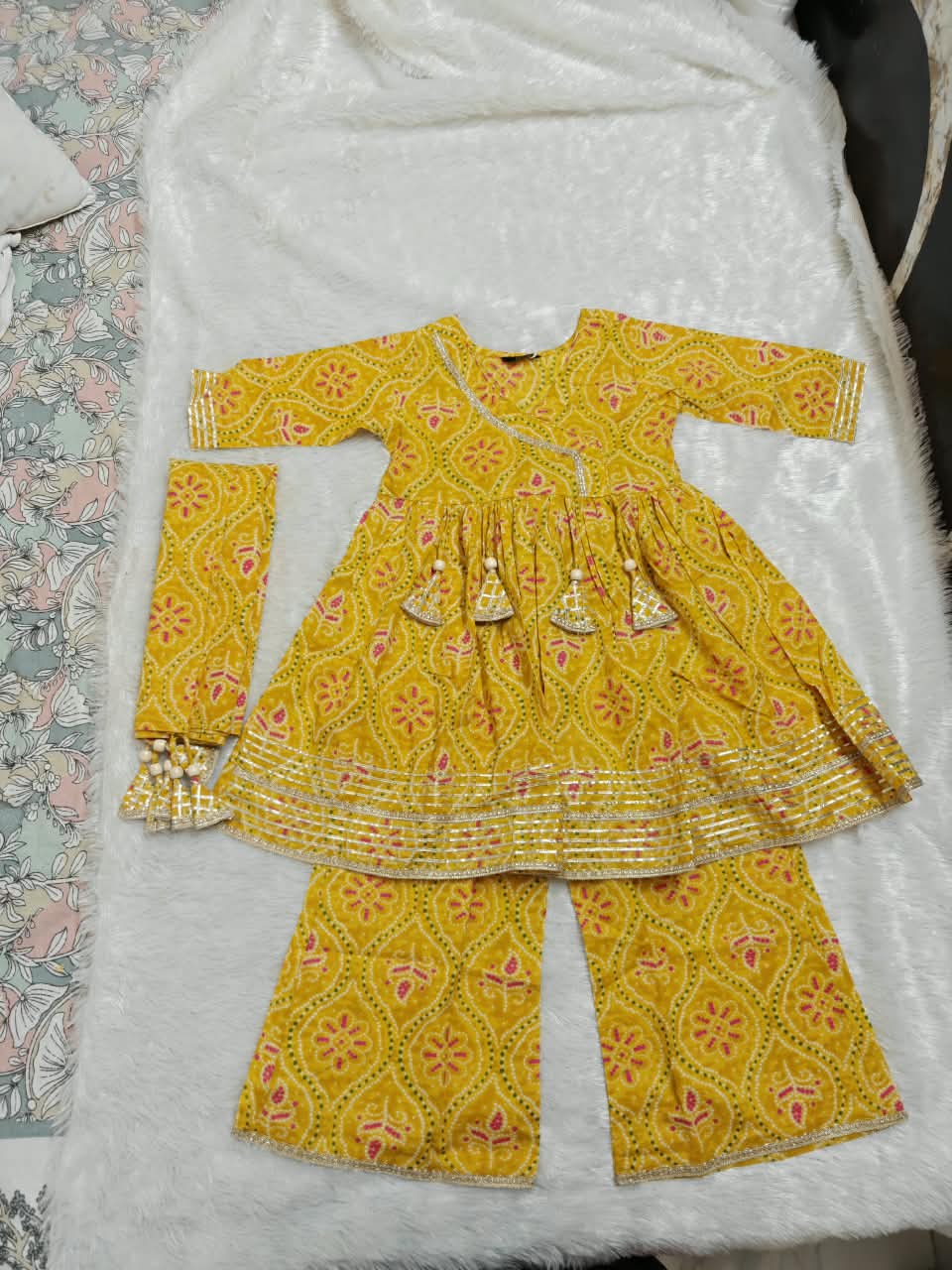 Yellow Pure Cotton Floral Bandhani Print Kurti with Plazo