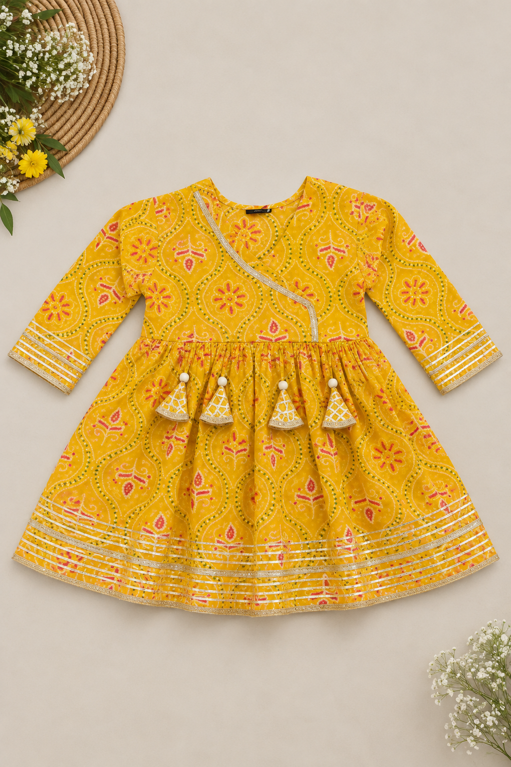 Yellow Pure Cotton Floral Bandhani Print Kurti with Plazo