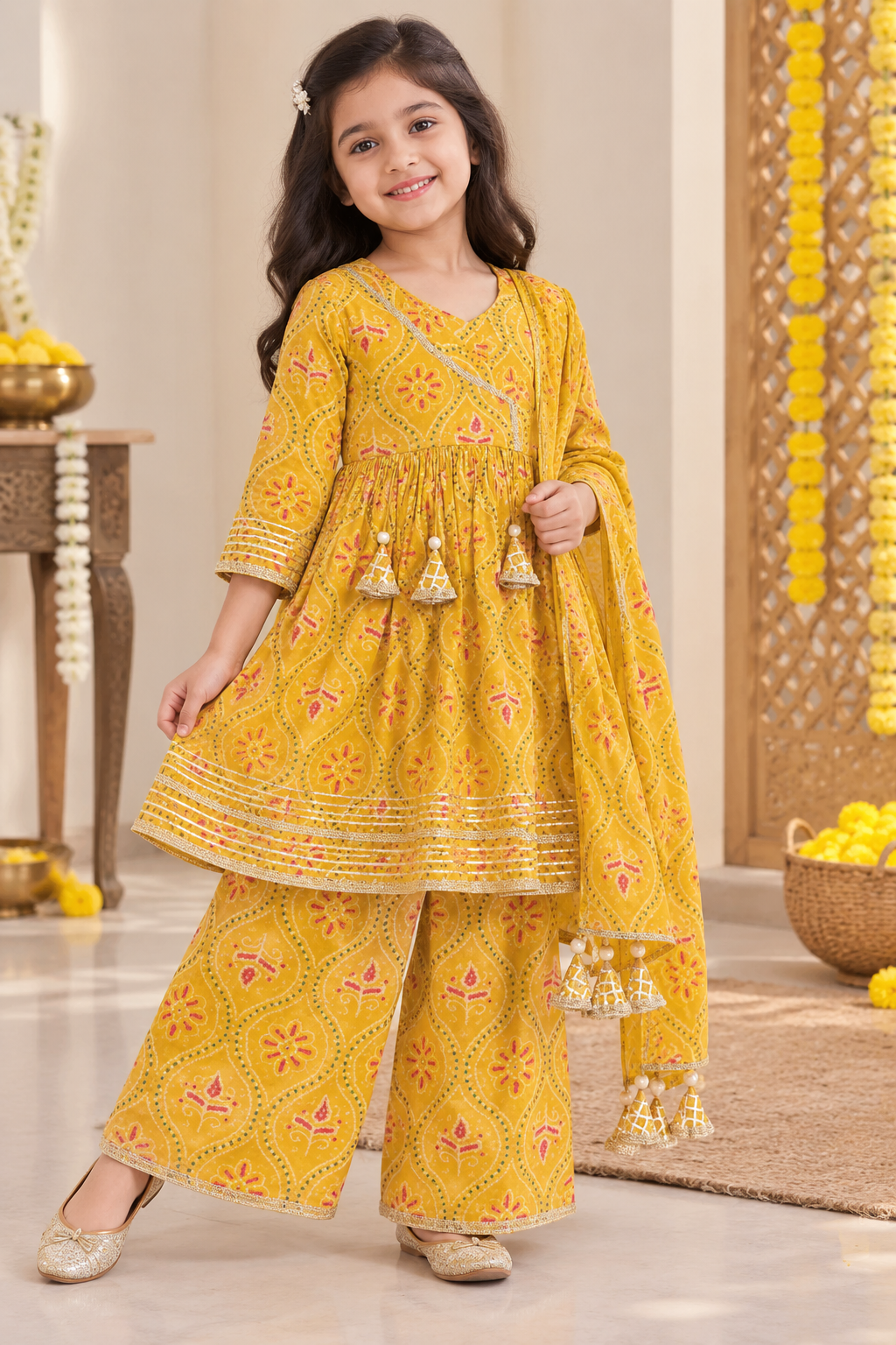 Yellow Pure Cotton Floral Bandhani Print Kurti with Plazo