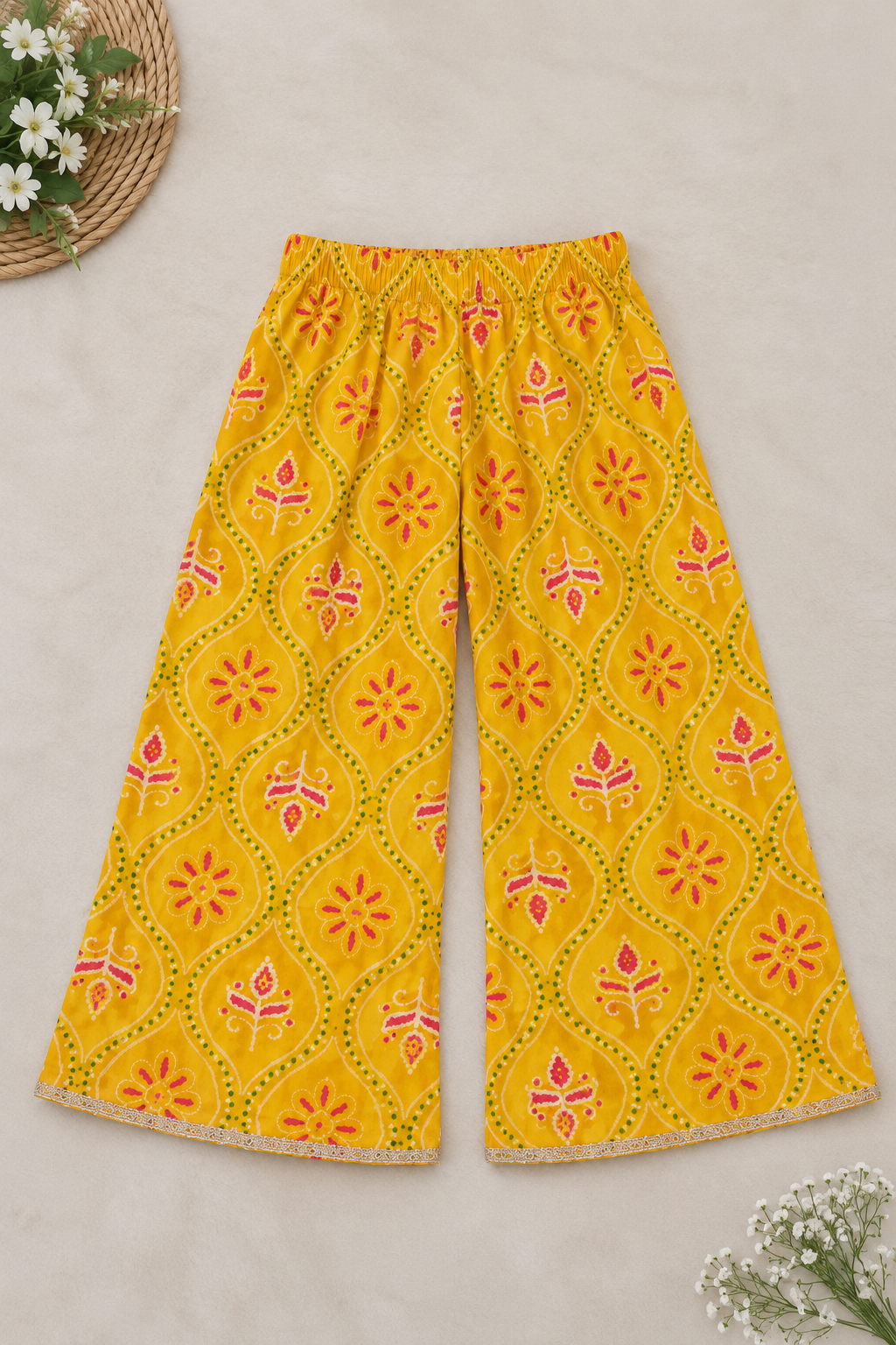 Yellow Pure Cotton Floral Bandhani Print Kurti with Plazo