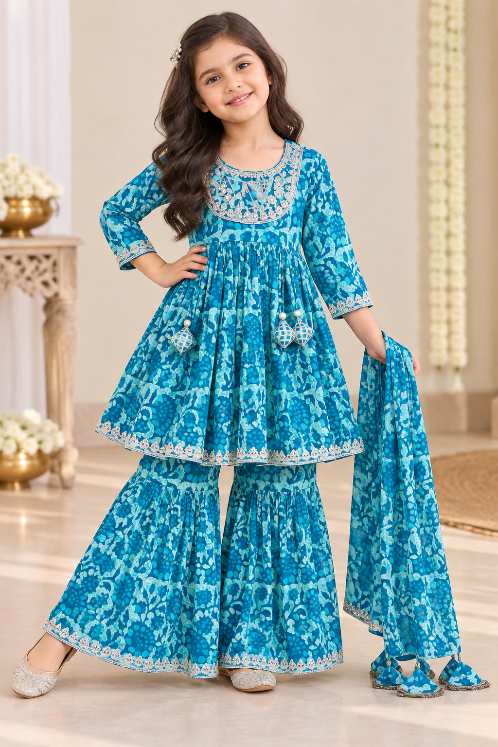 Blue Batic Print Kurti Sharara Set