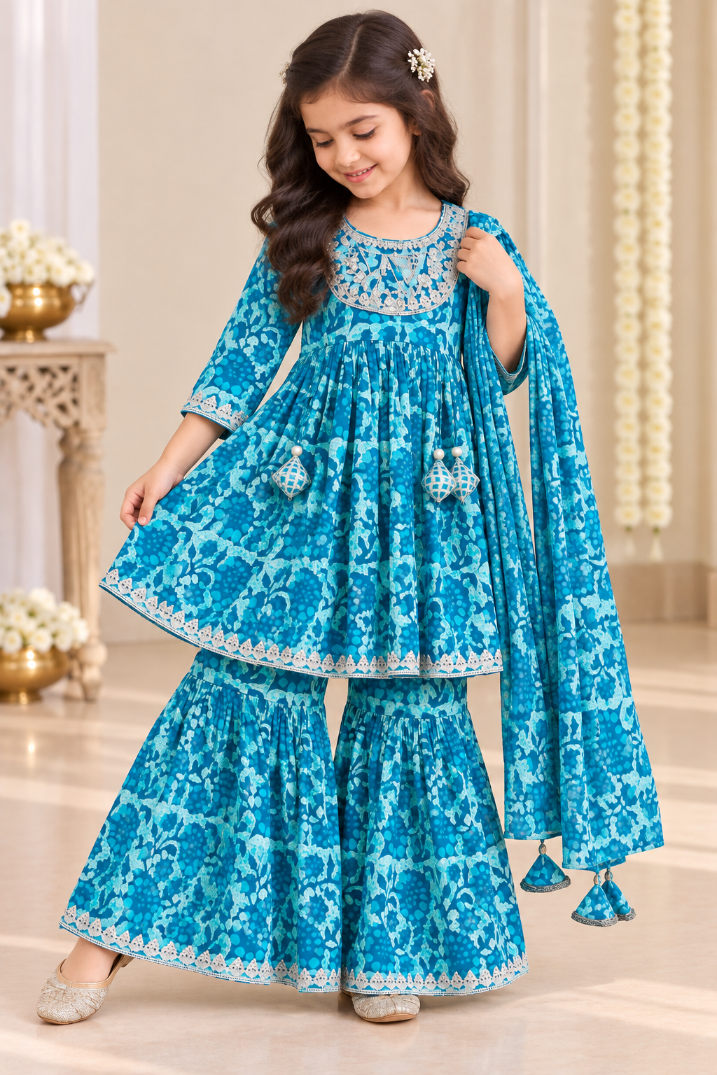 Blue Batic Print Kurti Sharara Set