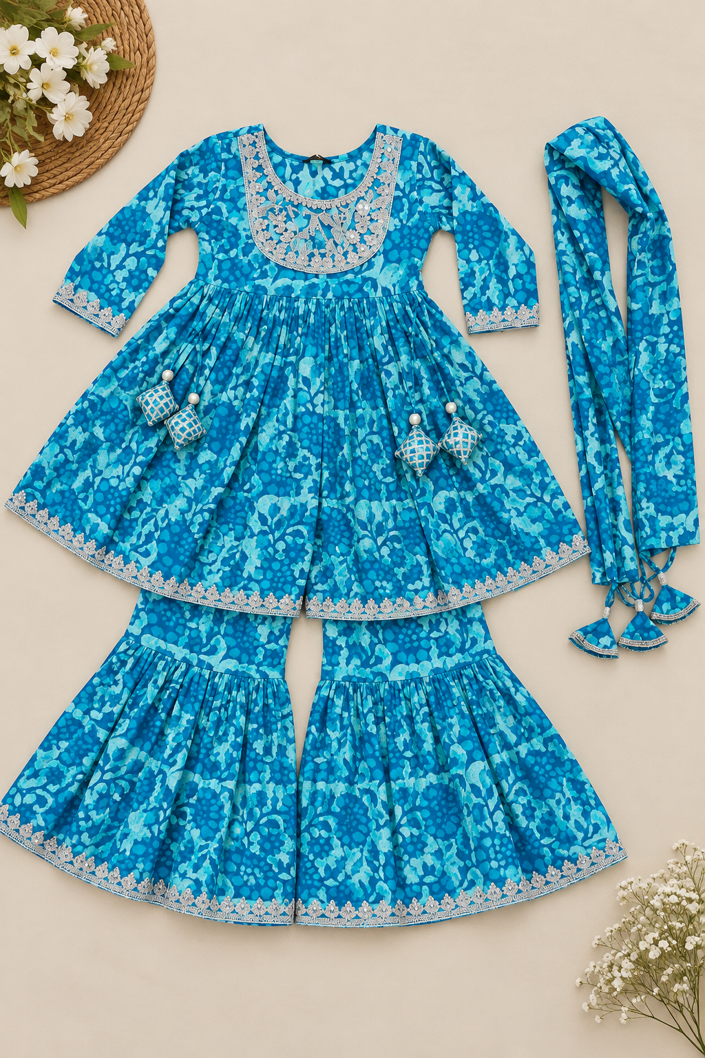 Blue Batic Print Kurti Sharara Set