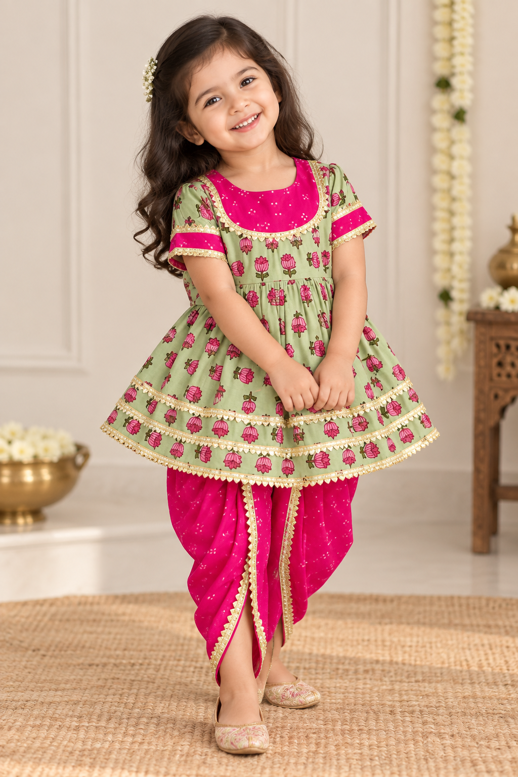 Pink & Green Floral Kurti Dhoti Set