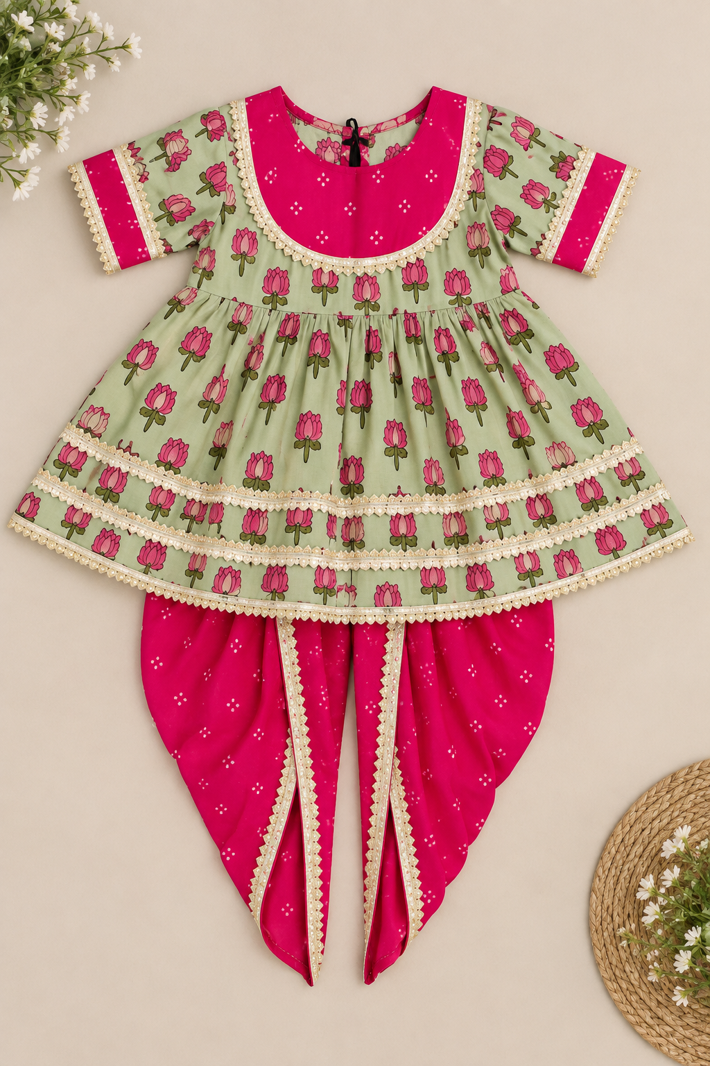 Pink & Green Floral Kurti Dhoti Set