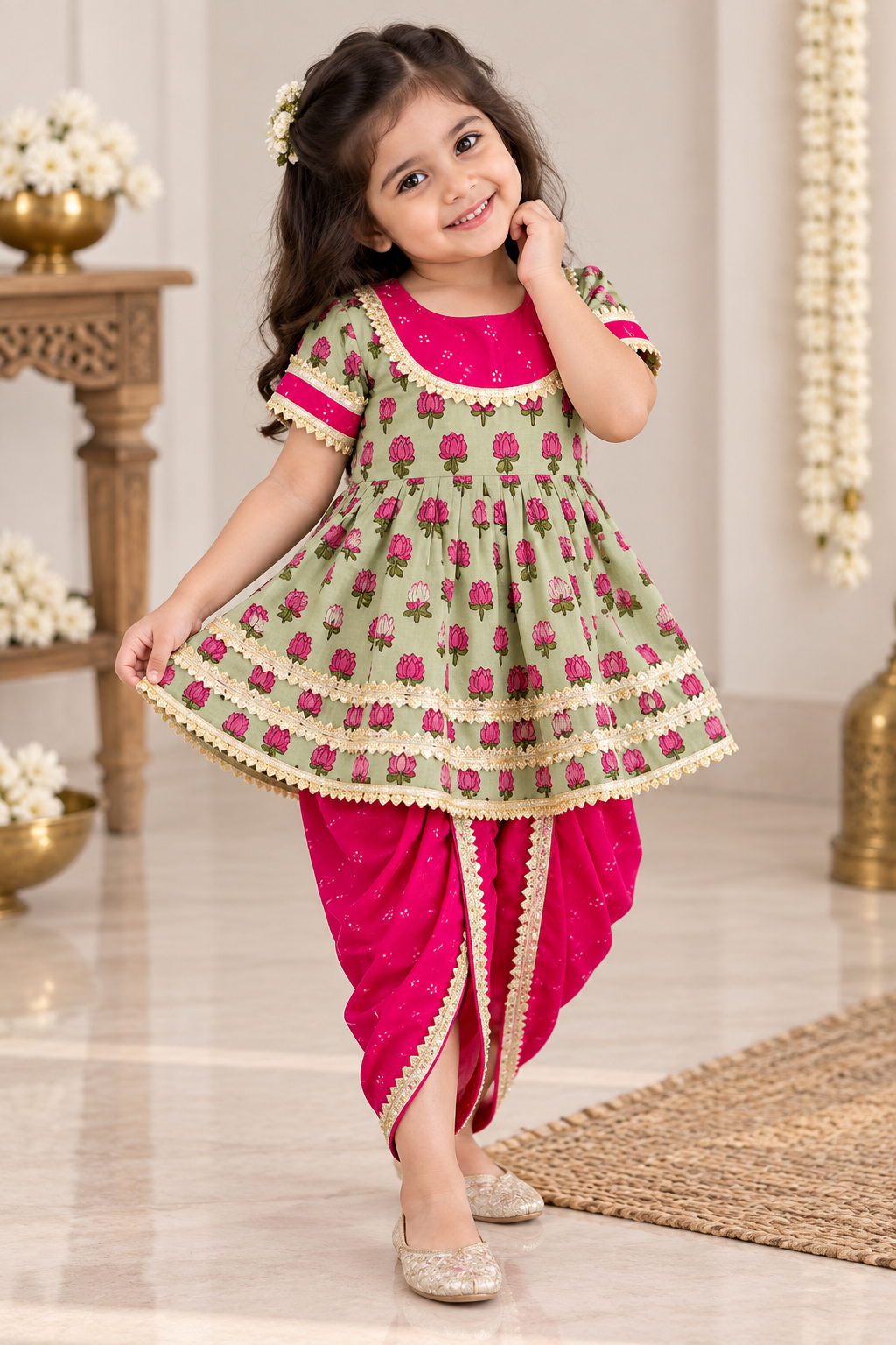 Pink & Green Floral Kurti Dhoti Set